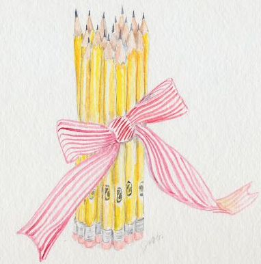 An illustration of a bouquet of pencils, tied with a pink and white striped bow