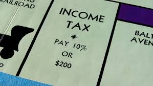 Picture of "Monopoly" board game which reads: Income Tax, Pay 10% or 200 dollars.