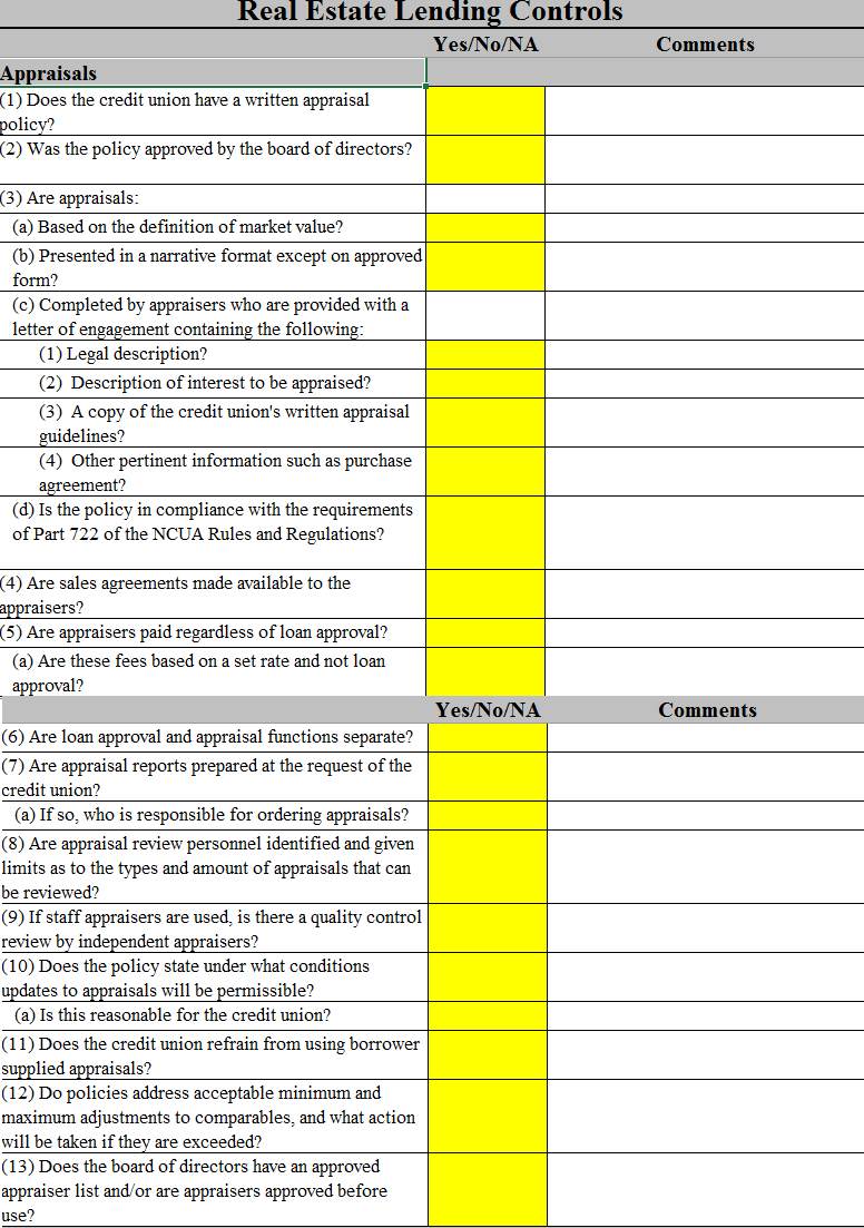 Screen shot of NCUA's AIRES Questionnaire on Appraisals