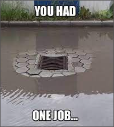 A sewer grate surrounded by water that is not high enough to drain, with text: "You had one job..."