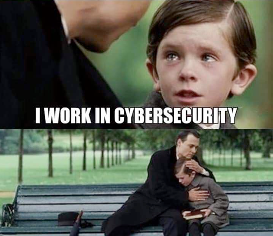Two photos of a child and an adult on a park bench.  Text on top photo of the child's face says "I work in Cybersecurity."  Bottom photo shows adult hugging child.