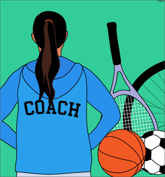 An illustration of a female with a brown ponytail and a hooded jacket that says "COACH" across the back, near various sporting equipment