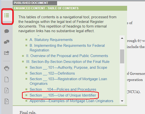 screen shot of an interactive table of contents in the Federal Register