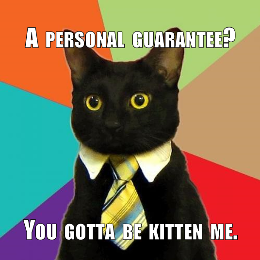 Business Cat with the caption "A Personal Guarantee? You gotta be kitten me."