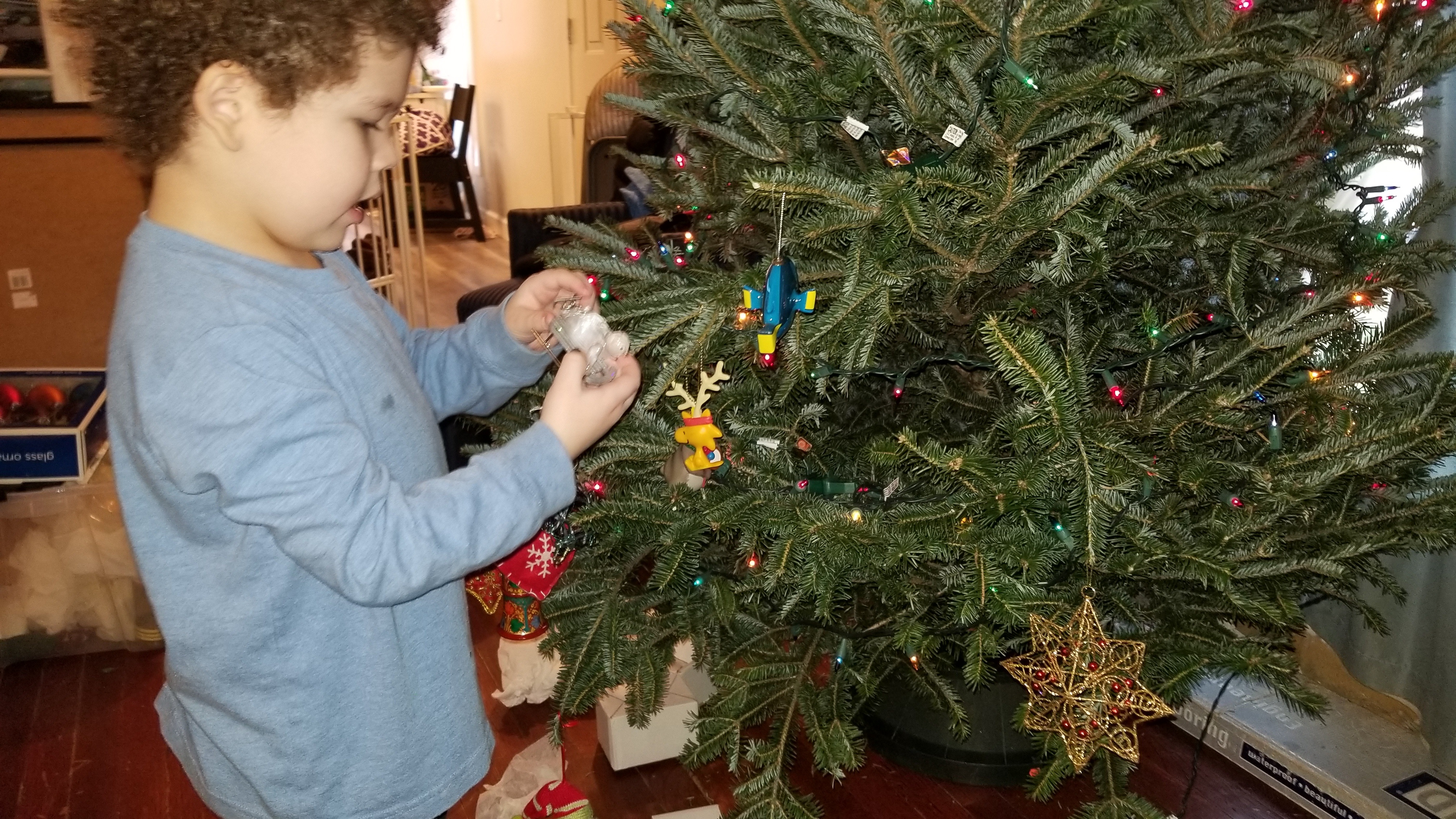 small child decorating a Christmas tree
