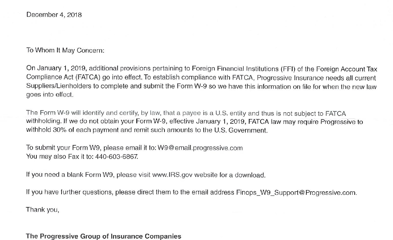 letter from Progressive Insurance asking CUs to provide a W-9