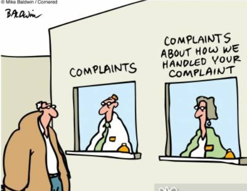 Man approaches a complaint window and notices another window which says "complaints about how we handled your complaint."