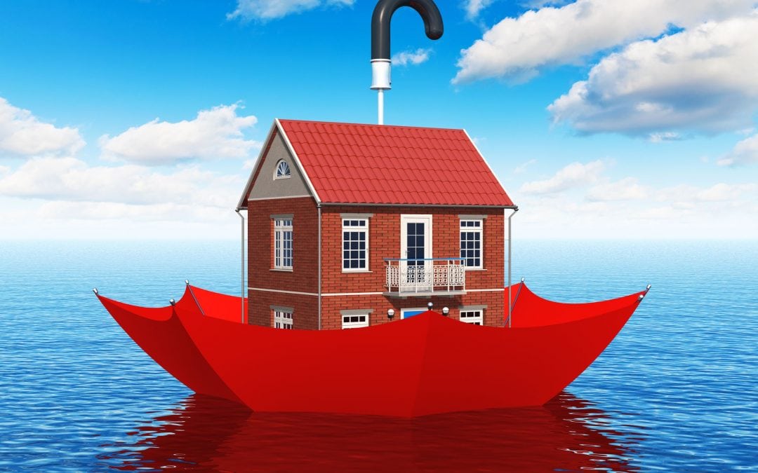 Cartoon of a house floating down a river in an umbrella, meant to imply that flood insurance is keeping it dry.